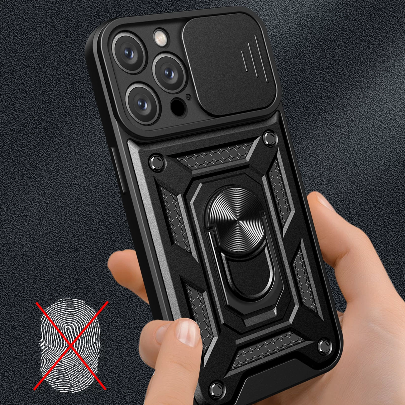 Mbështjellës Hurtel Hybrid Armor Camshield për iPhone 16 Pro Max, me mbulesë kamere dhe qëndrim, zi