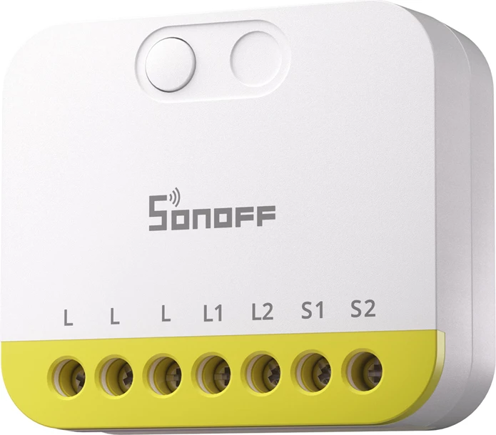 Switch mini 2-kanalësh ZigBee Sonoff MINI-ZB2GS-L, pa neutral (pa N), 100–240V, 8A/kanal, bardhë/verdhë