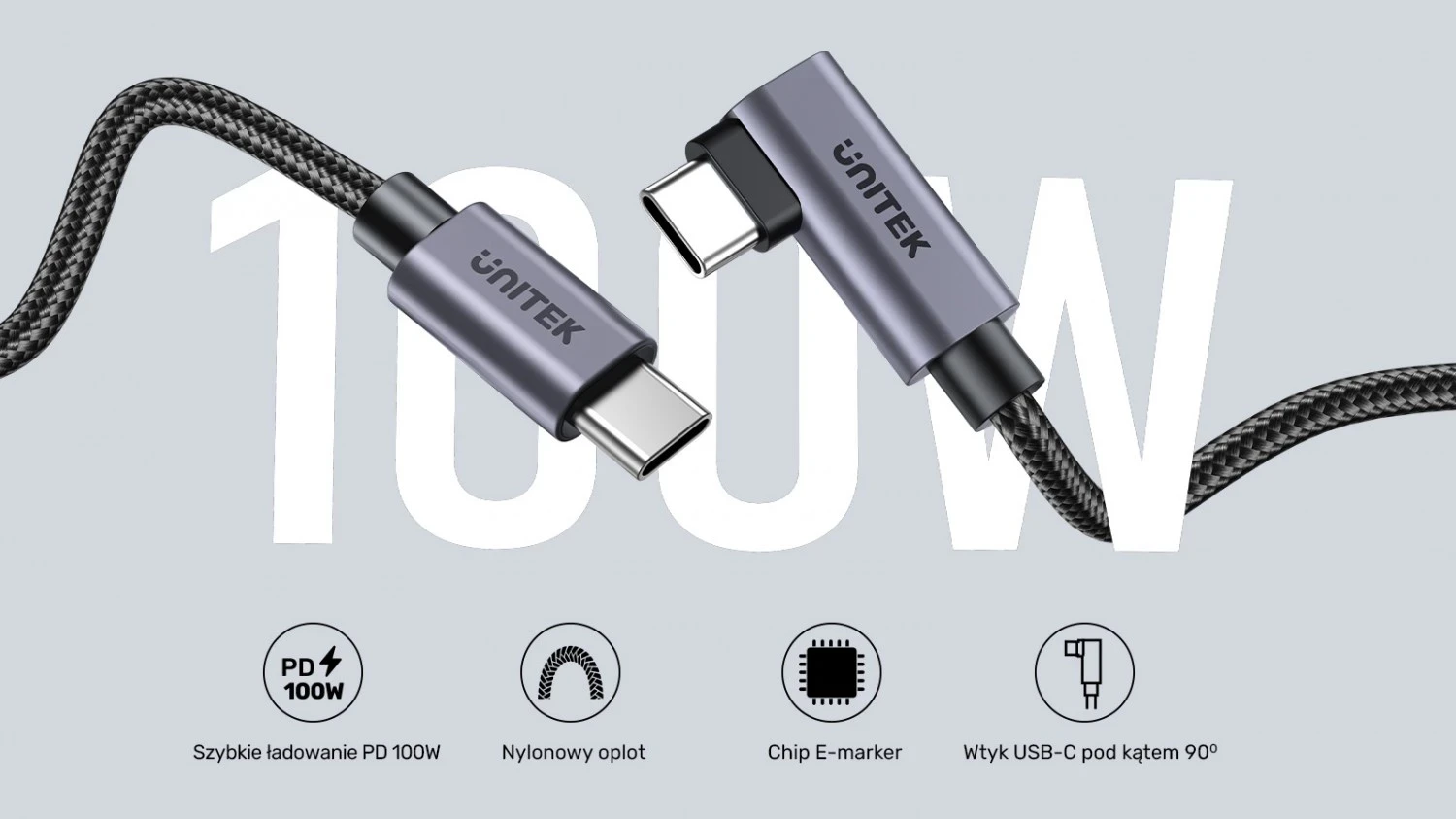 Kabëll USB-C Unitek, 90° PD100W, 1m, zi-gri