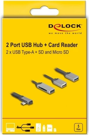 USB hub DeLOCK 2 porta, lexues SD/Micro SD, USB Type-C, gri