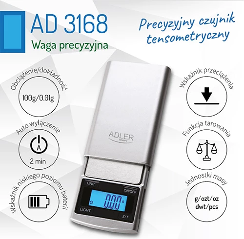 Peshore precize, Adler AD 3168, 100 g / 0.01 g, ekran LCD me ndriçim, numërim copash