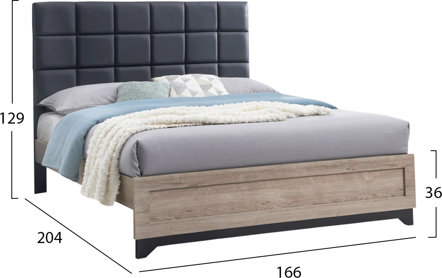 Krevat dopio AELIA, pëlhurë gri & këmbë-Sonama MDF 155x215x138Hcm