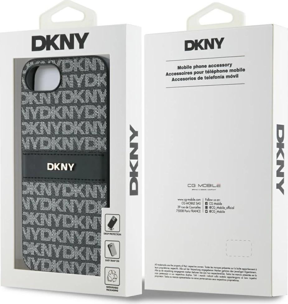 Mbështjellës DKNY Repeat Texture Pattern me shirit dhe logo metalike, për iPhone 16e, e zezë