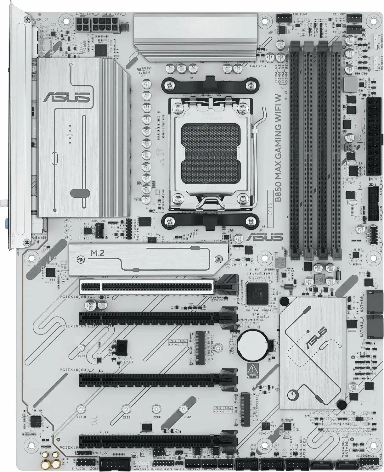 Pllakë amë Asus B850 MAX GAMING WIFI W ATX DDR5 deri 256GB, Wi‑Fi 6E/Bluetooth, e bardhë, me antenë WiFi dhe 2x kabllo SATA