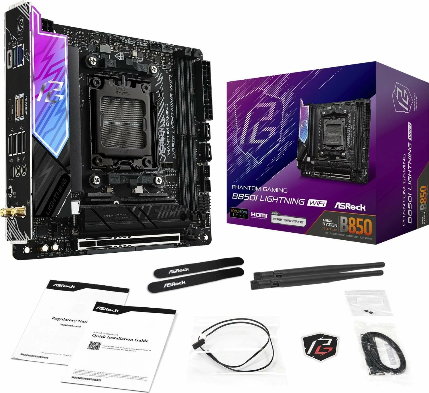 Pllakë amë ASRock Phantom Gaming B850I Lightning WiFi Mini-ITX, DDR5 deri 128GB, Wi‑Fi 6E, 2.5Gb LAN (me 2 antena WiFi)
