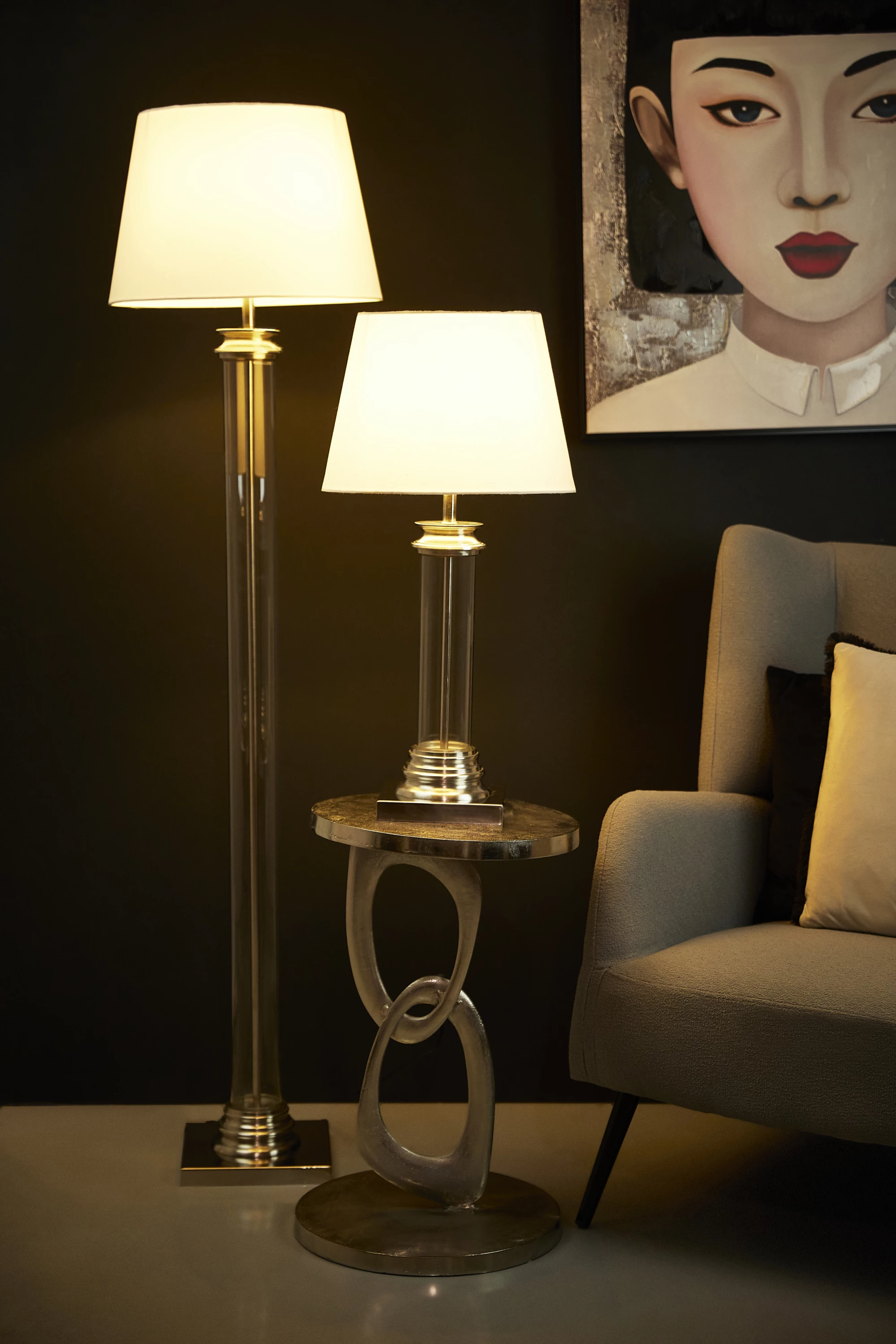 Llambë dyshemeje SKYLER, alumin, xham, argjendtë-bardhë, 41x41x152 cm