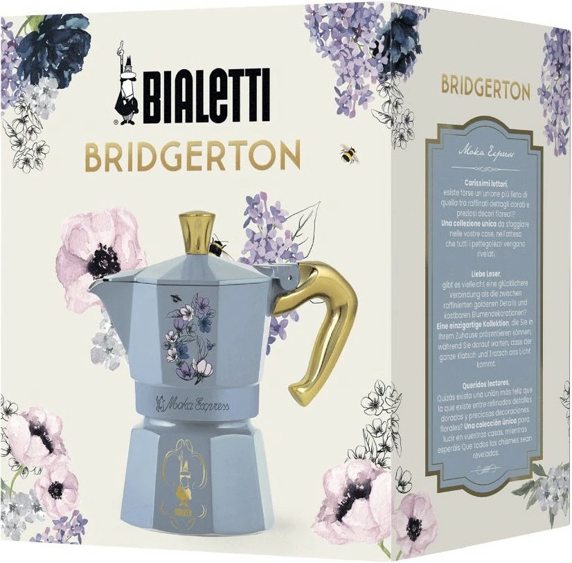 Moka Express Bialetti Bridgerton, 3 filxhanë, alumin, dorezë termoplastike, e zezë/blu/ari/vjollcë/verdhe