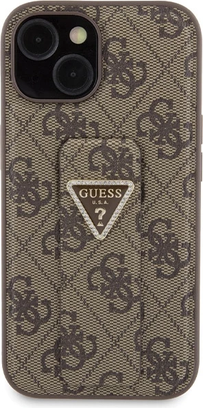 Mbështjellës Guess Grip Stand 4G Triangle Strass për iPhone 15, Kafe