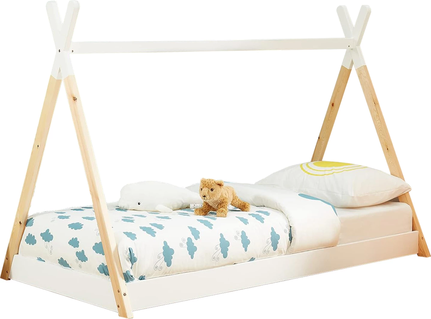 Krevat për fëmijë MUNK, stil Montessori, dru pishe, natyral-bardhë, për dyshek 190x90cm