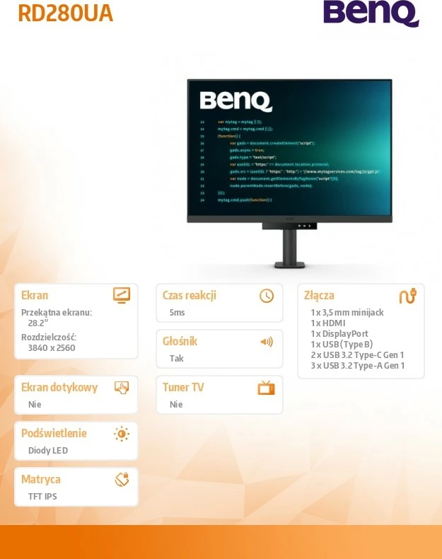 Monitor BenQ RD280UA, 28.2", 4K IPS, 5ms, HDMI/DP, Gri