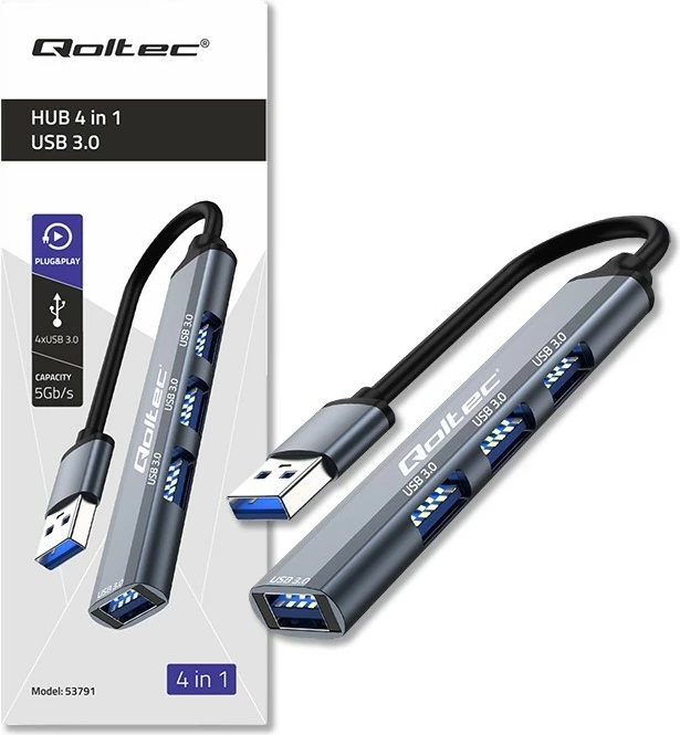 HUB USB 3.0 Qoltec 53791, 4 porte, grafit