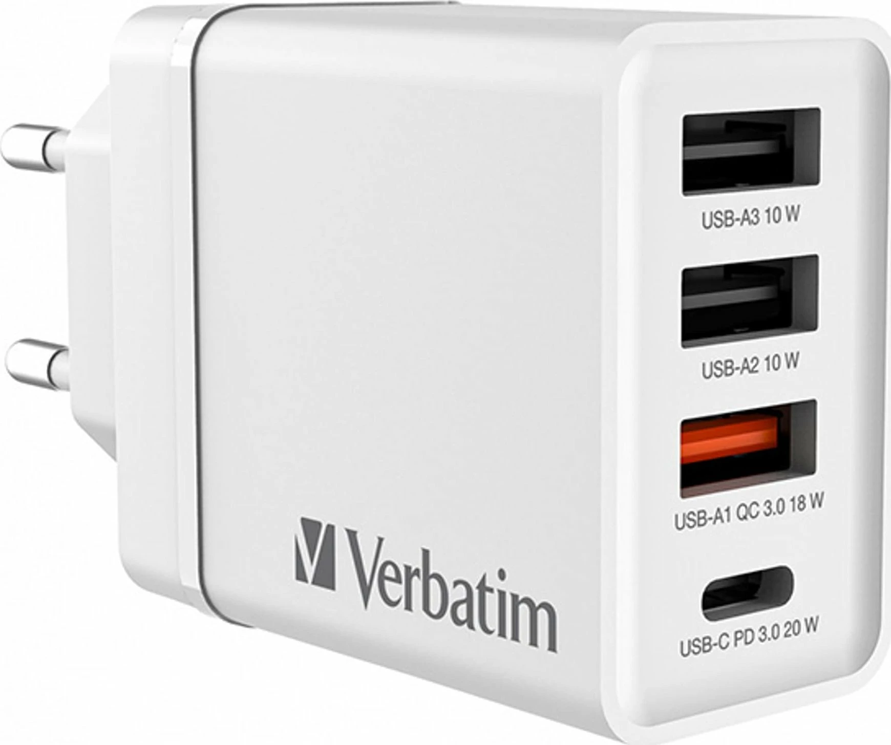 Karikues muri Verbatim CHR-30EU2 (49701) 30W, 1x USB-C PD 20W + 3x USB-A (QC 3.0 18W + 2x 10W), prizë EU, i bardhë