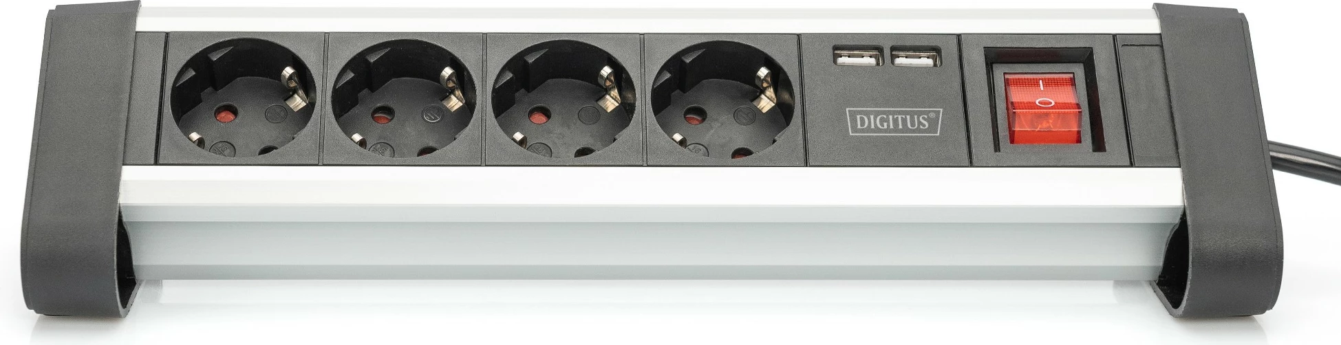 Shirit prizash Digitus 4-dalje me 2x porta USB, 1.5 m, i brendshëm, Tipi E / F, Tipi F (CEE 7/4), i zi, argjendtë, alumin