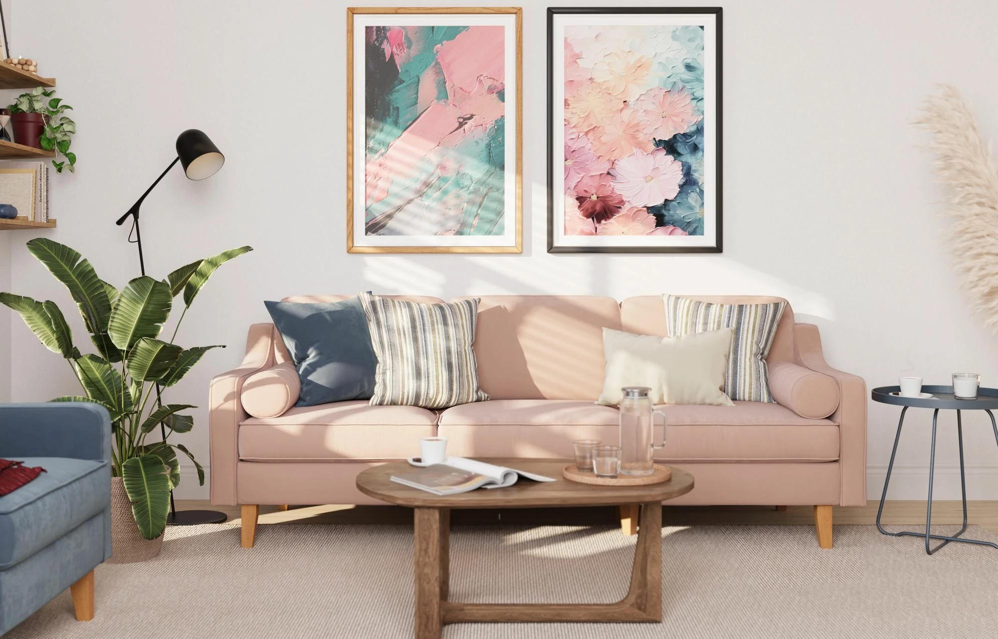 Divan treshe Robin Extra, ngjyrë salmon, këmbë druri arre