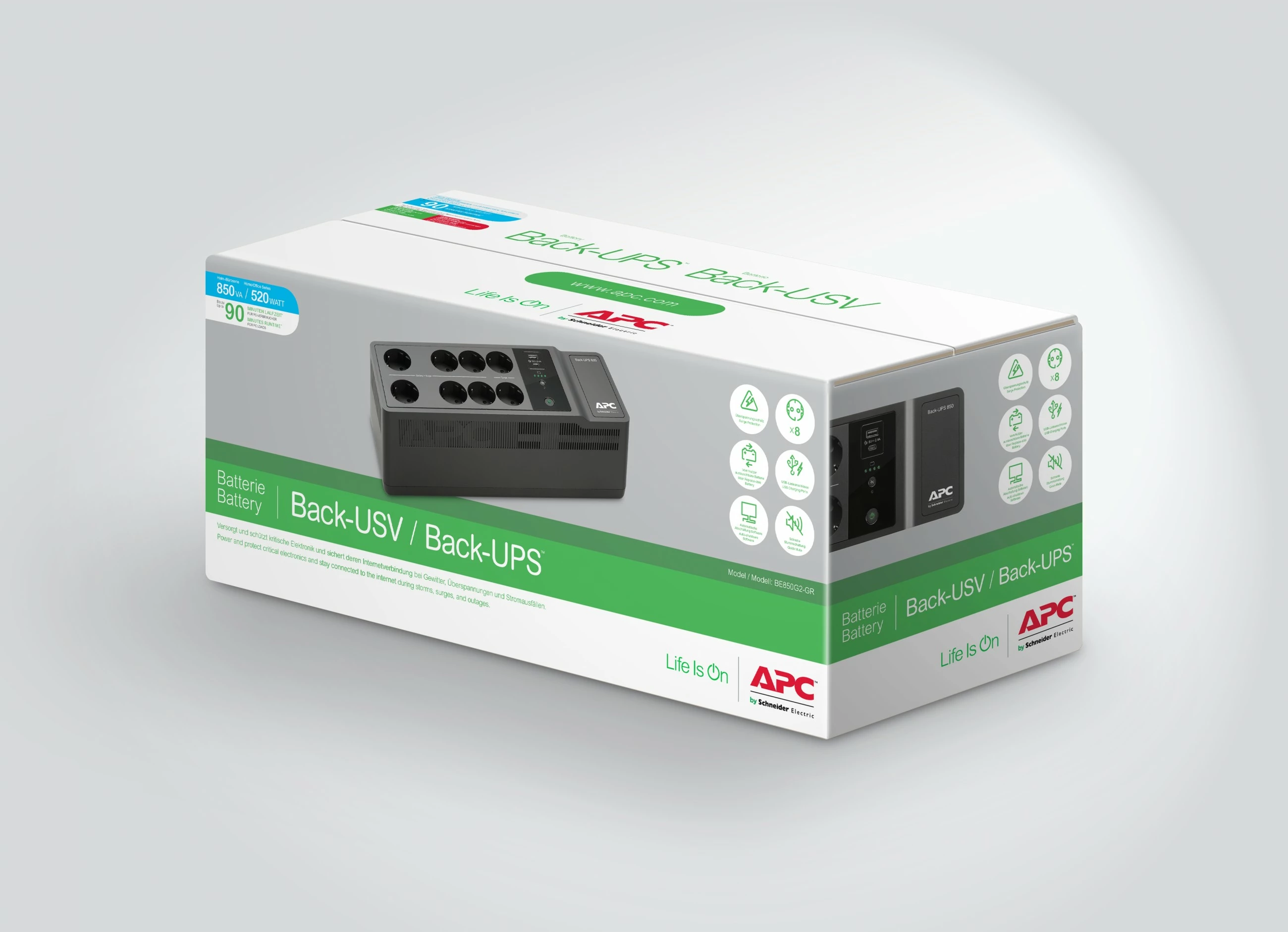 UPS APC Back-UPS BE850G2-GR, 850VA, 2 USB, 8 prizë, e zezë