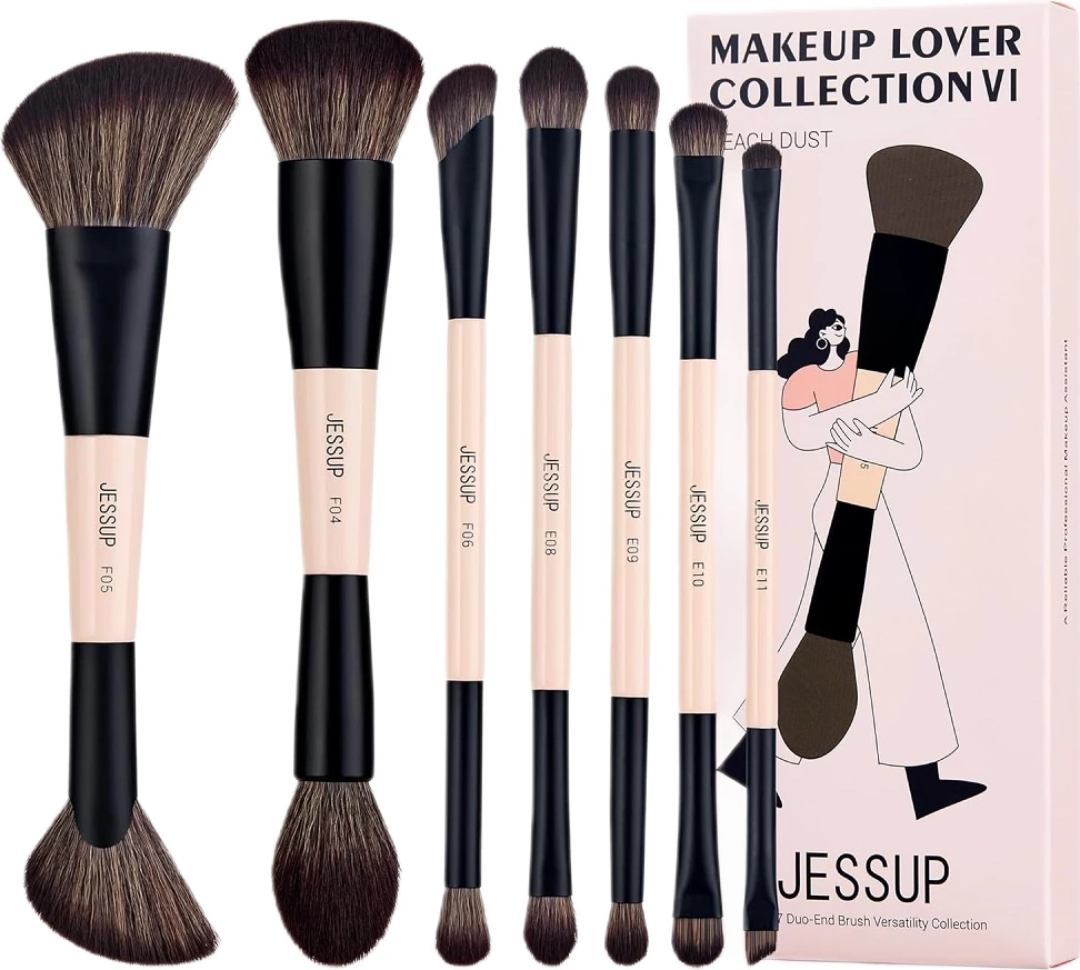 Set furçash për grim Jessup 14-in-7 Duo-End Brush Versatility Collection për femra, 7 copë Peach Dust