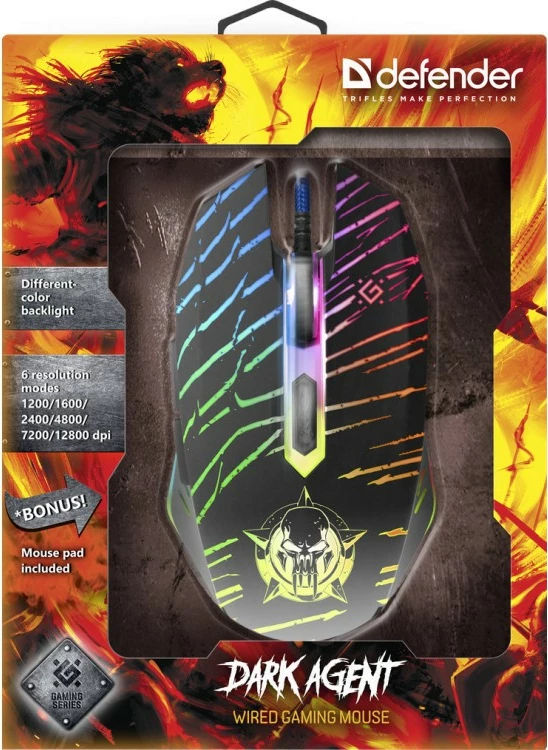 Maus gaming Defender DARK AGENT GM-590L, me kabllo, 12800 dpi, i zi