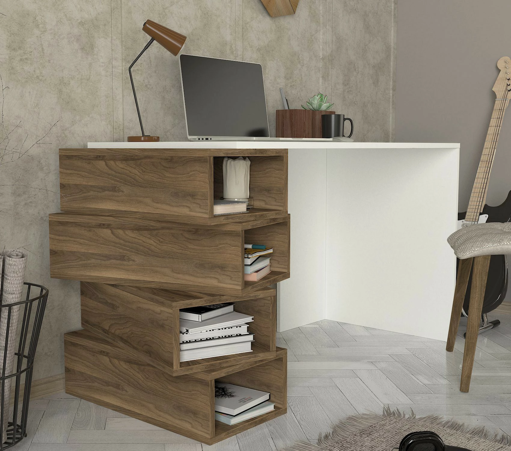Tavolinë studimi Hanah Home, Jenga, e bardhë dhe arrë