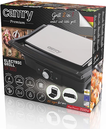 Grill elektrik tavoline, Camry, CR 3053, 180° hapje, pllaka jo-ngjitëse 28x23 cm, termostat, 2000W (max 2500W), zi-argjendt