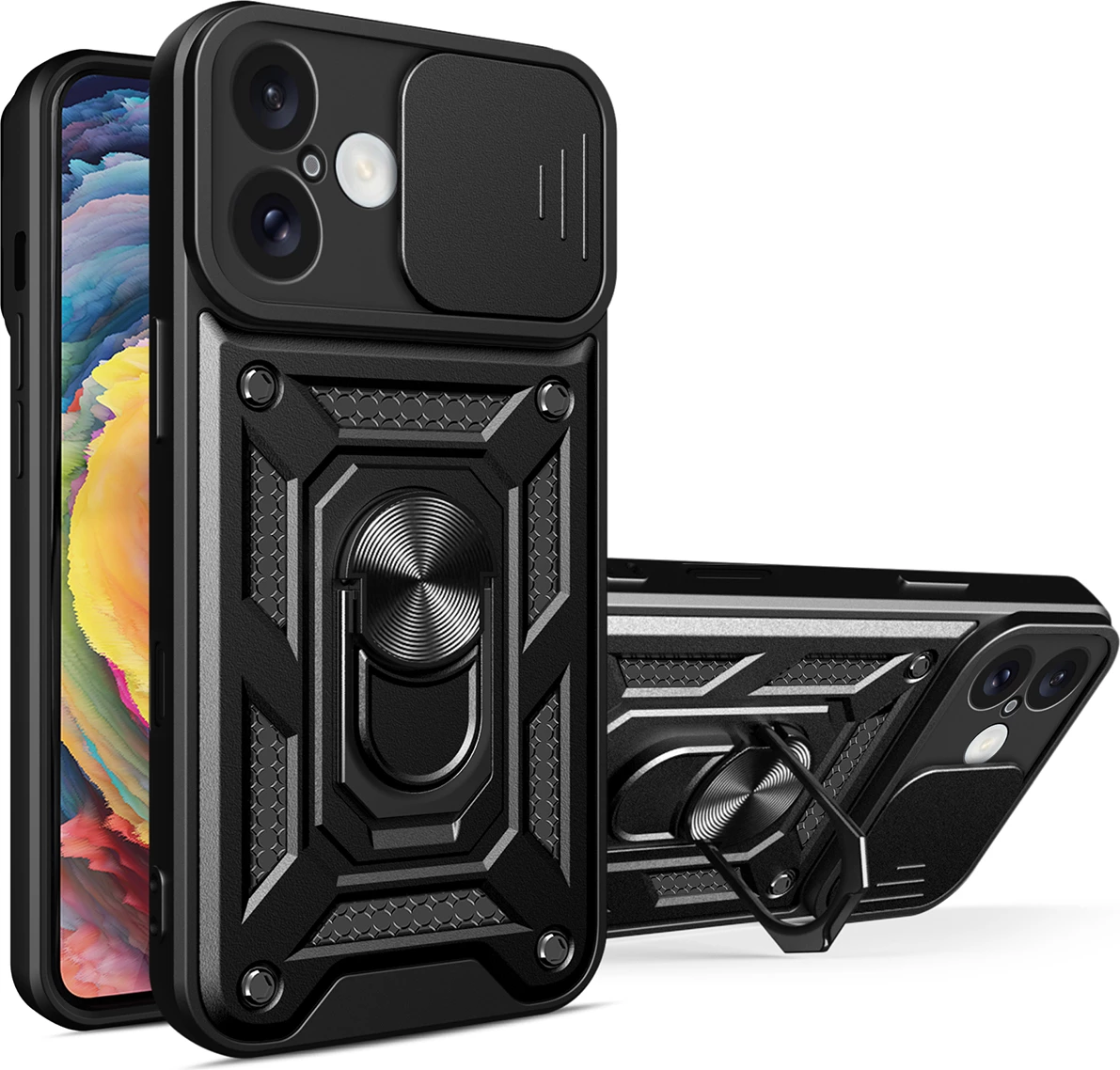 Mbështjellës Hurtel Hybrid Armor Camshield për iPhone 16, me mbulesë kamere dhe qëndrim, i zi