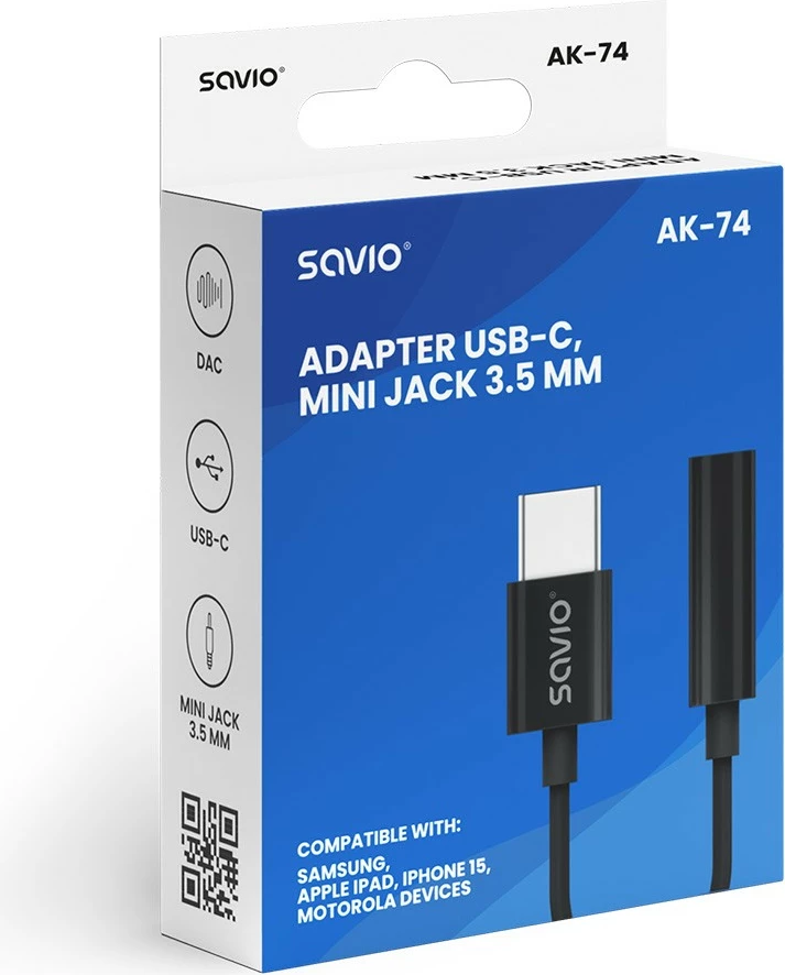 Adapter audio Savio AK-74, USB-C në 3.5mm, i zi