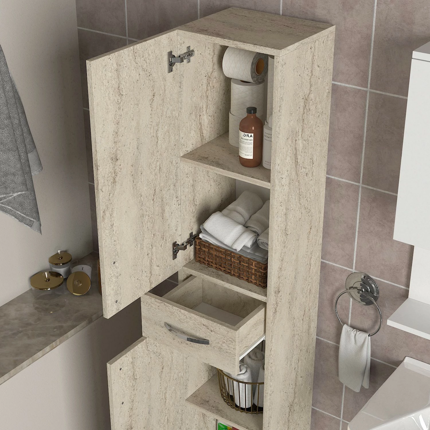 Dollap banjoje Selin, 2 dyer, 1 sirtar, ngjyrë travertin