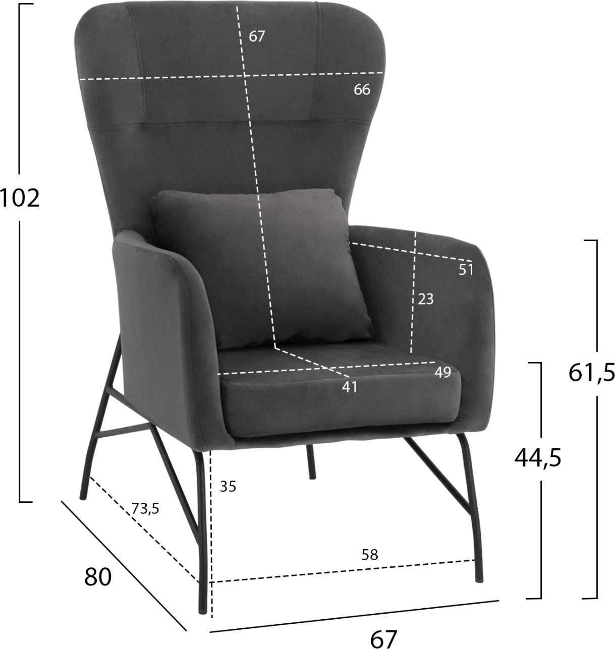 Kolltuk Dania, 67x80x102 cm, kadife, hiri 