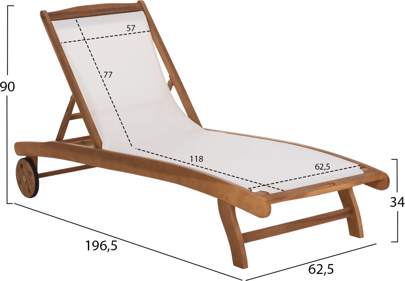 Shezlong me rrota LIORA FH6544, dru akacie, tekstilen ngjyrë ecru, 196x68.5x33.5 cm