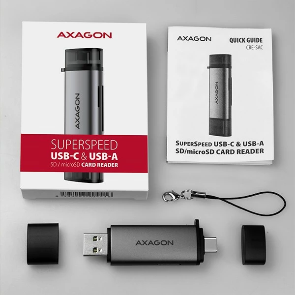 Lexues kartelash AXAGON CRE-SAC, USB 3.2 Gen 1, Type-C + Type-A, Gri