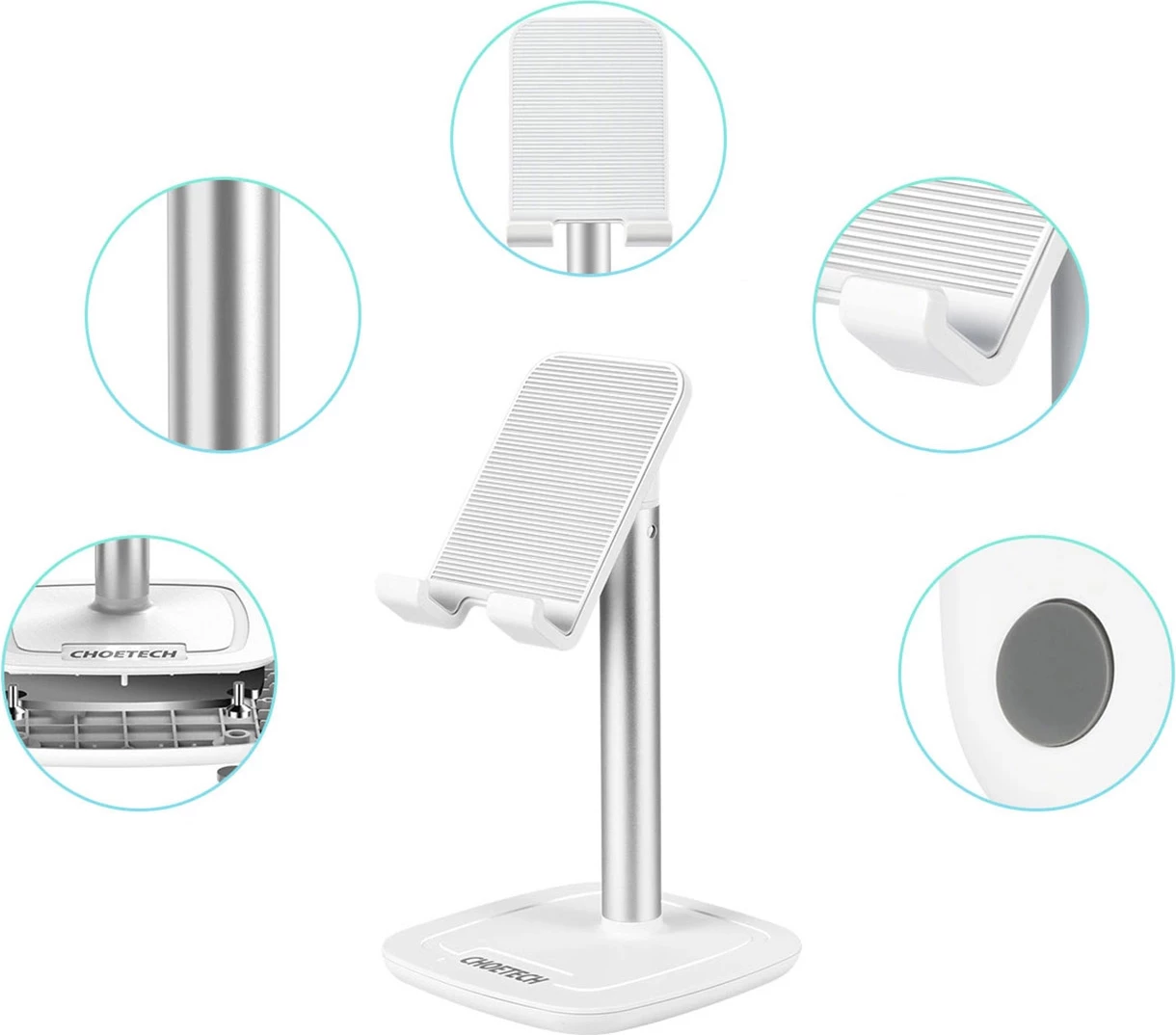 Mbajtëse telefoni/tableti Choetech H035, alumini, e bardhë dhe argjendtë, rregullim këndi dhe lartësie