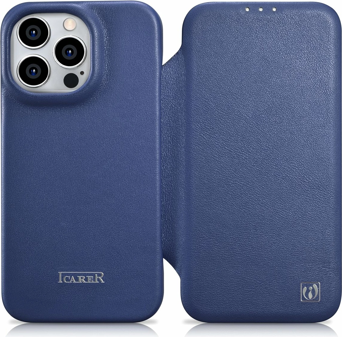 Mbështjellës iCarer CE Premium lëkurë folio për iPhone 14 Pro, MagSafe, Blu
