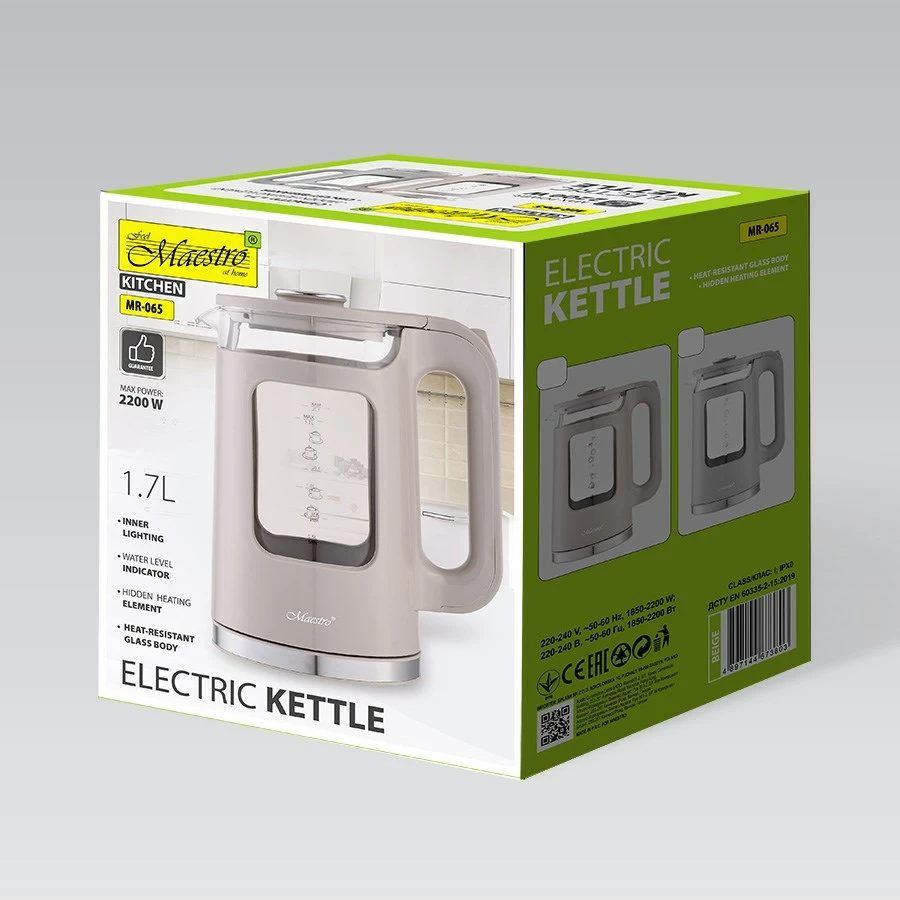 Ibrik elektrik Maestro MR-065, 1.7L, 2200W, xham, bezhë