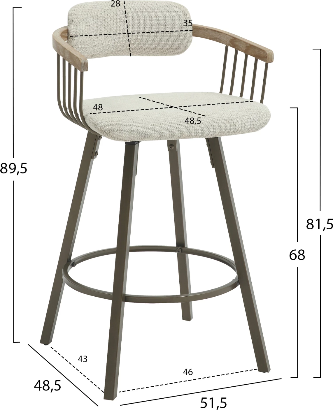 Karrige për bar rrotulluese LANG FH9990.01, metal ngjyrë bakri antik, pëlhurë ecru, 51.5x48.5x89.5H cm