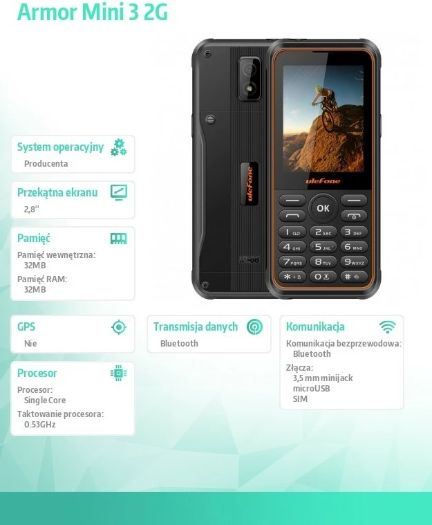 Celular Ulefone Armor Mini 3 2G 2.8" Dual SIM 32MB/32MB microSD IP68 2100 mAh Bluetooth, e zezë