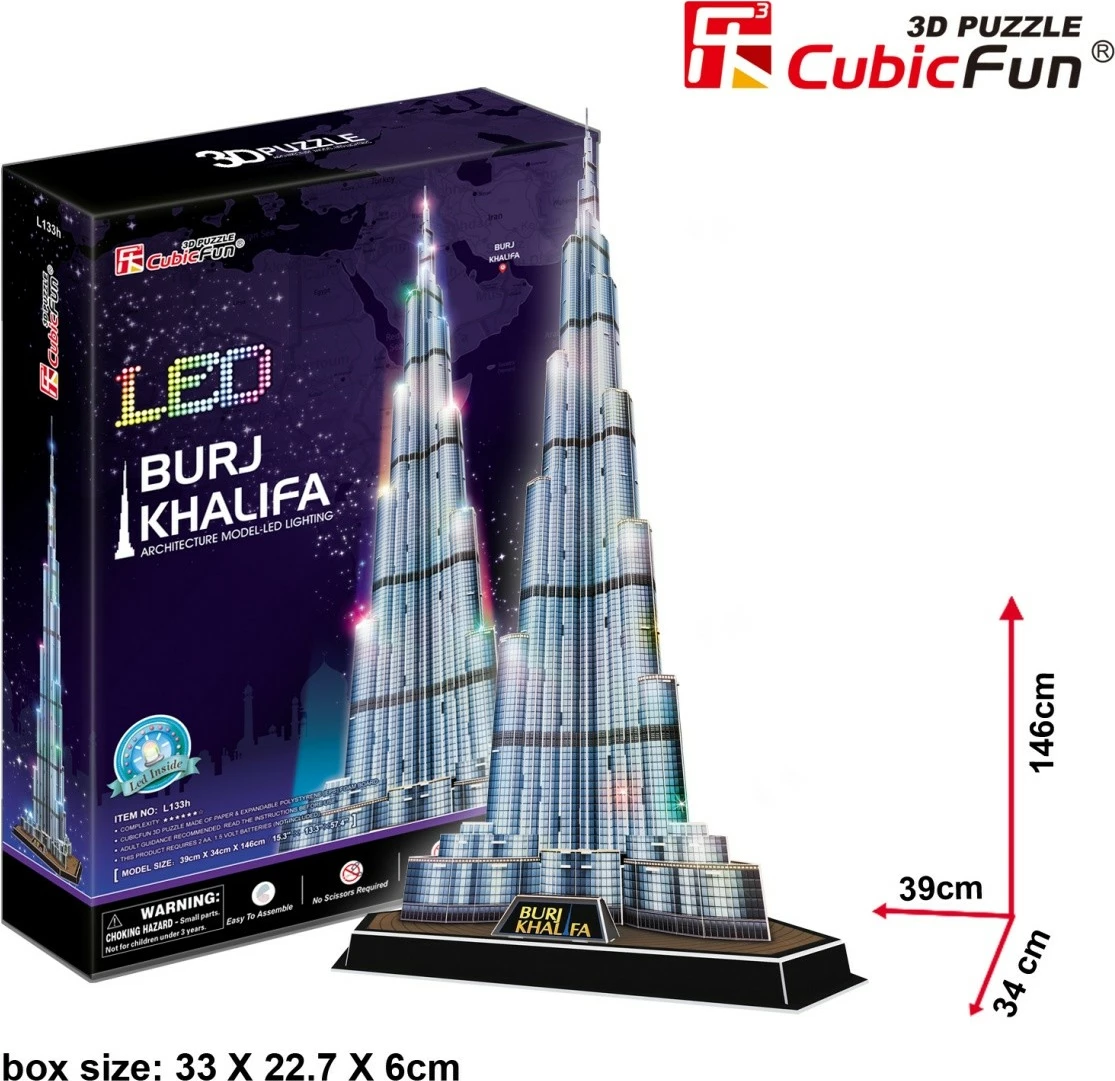 Puzzle 3D Cubic Fun Burj Khalifa me drita LED, 136 pjesë