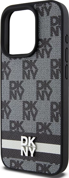 Mbështjellës DKNY Leather Checkered Mono Pattern & Printed Stripes për iPhone 15 Pro Max, e zezë