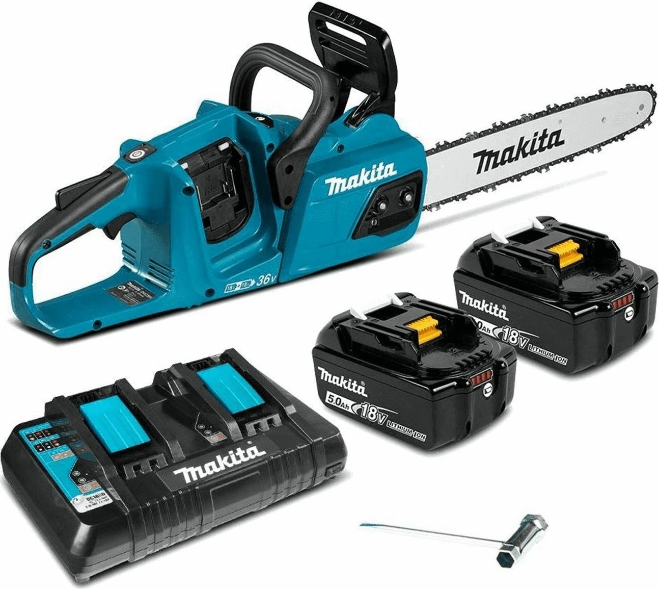 Sharrë zinxhiri Makita DUC355PT2 2x18 V 35 cm, set me 2 bateri 5Ah + karikues