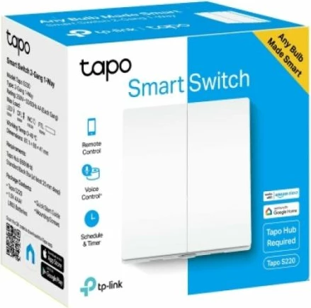 Switch i mençur i dritës TP-LINK Tapo S220, 2-gang 1-way, i bardhë