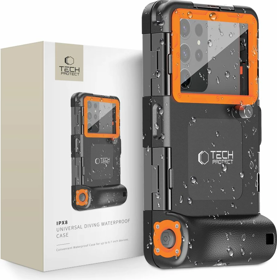Mbështjellës Tech-Protect Waterproof Case IPX8 për celular 4.7-6.7 inç, zi dhe portokalli