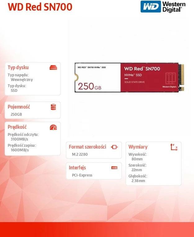 SSD NVMe Kasë Western Digital WD Red SN700, 250GB, M.2 2280, PCIe, Kuqe/Bardhë