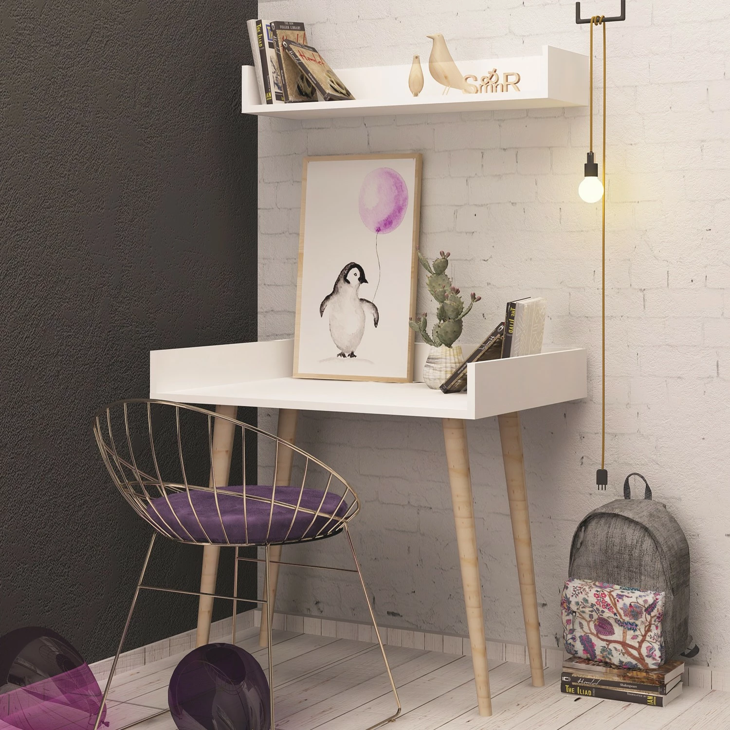 Tavolinë pune moderne me raft muri, e bardhë, Skye Decor, Ballony