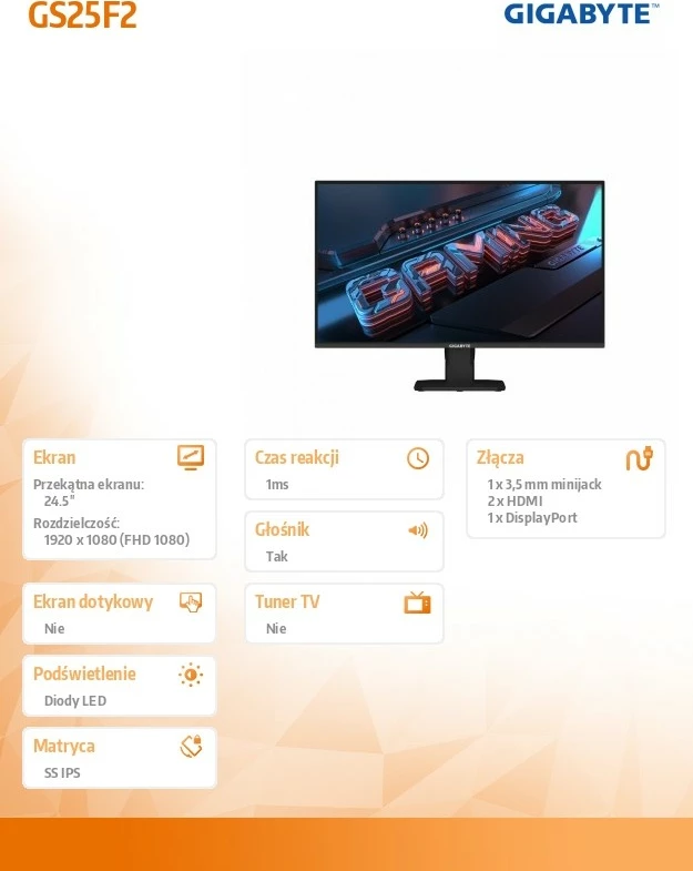 Monitor Gigabyte GS25F2 24.5" IPS FHD 200Hz 1ms 2xHDMI DP me altoparlantë i zi