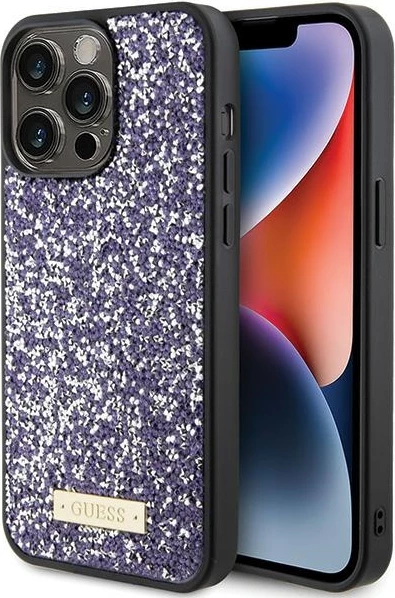 Mbështjellës Guess Rhinestone Metal Logo për iPhone 15 Pro, rozë