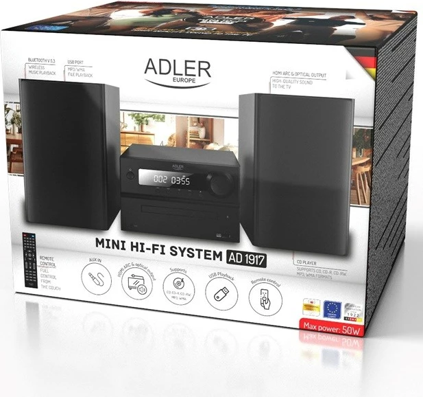 Mini tower HI-FI Adler AD 1917 me Bluetooth, CD, USB, FM Radio, e zezë