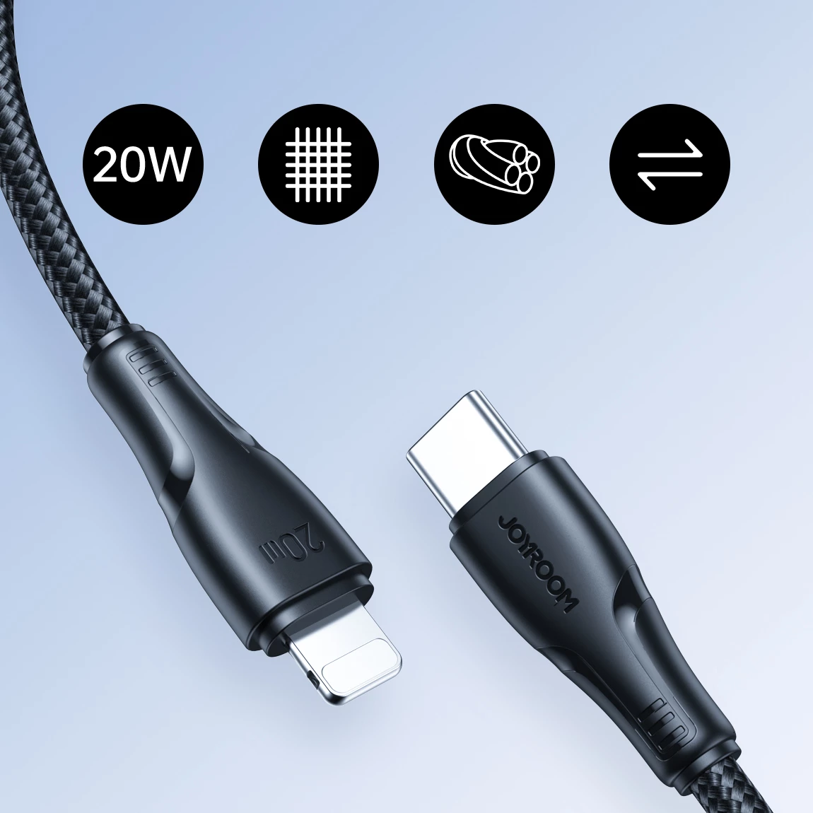 Kabllo USB-C në Lightning, Joyroom, Surpass Series A11 S-CL020A11B, 1.2 m, 20 W, USB 2.0 480 Mbps, gërshet najloni, e zezë