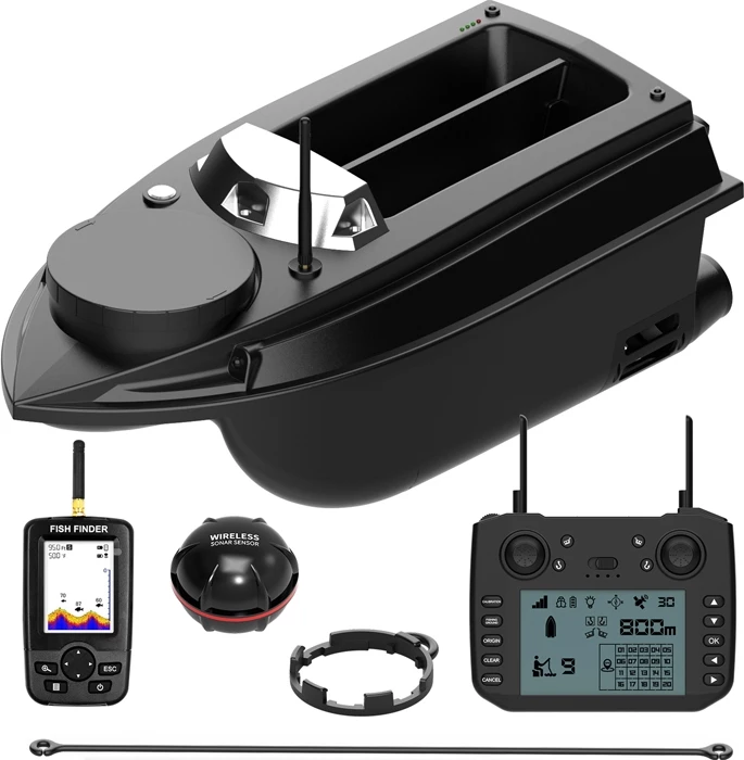 Varkë karremi me fishfinder GPS Flytec V030, bateri 20000 mAh, rreze 800 m, kapacitet 3 kg, ekran 4.3", e zezë, set