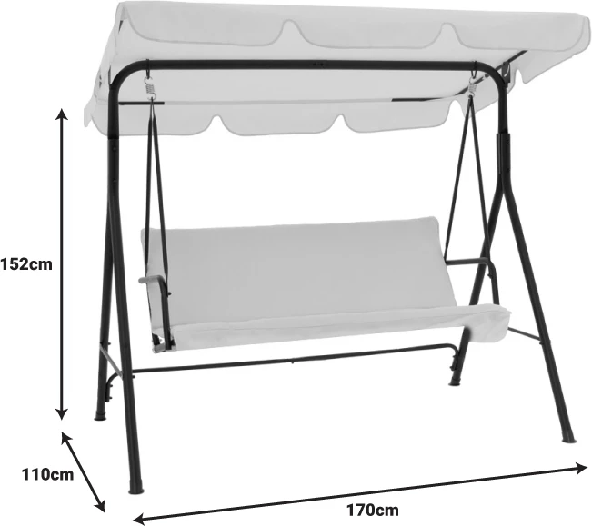 Shilte për kopsht metalike, ngjyrë e zezë, pëlhurë gri, 170x110x153cm