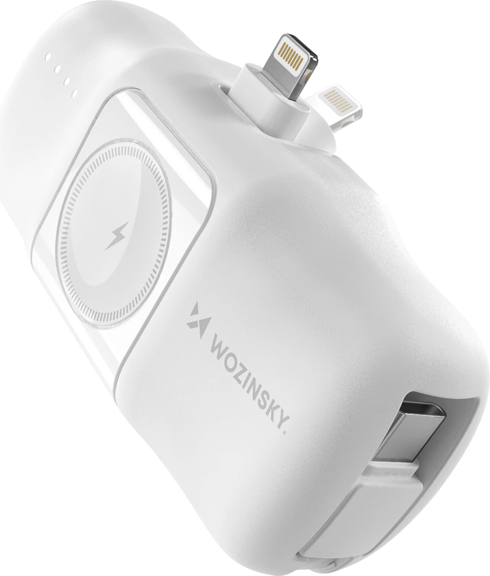 Powerbank Wozinsky WF16-YLS, 5000mAh, 15W, Lightning, USB-C, karikues për Apple Watch, Bardhë