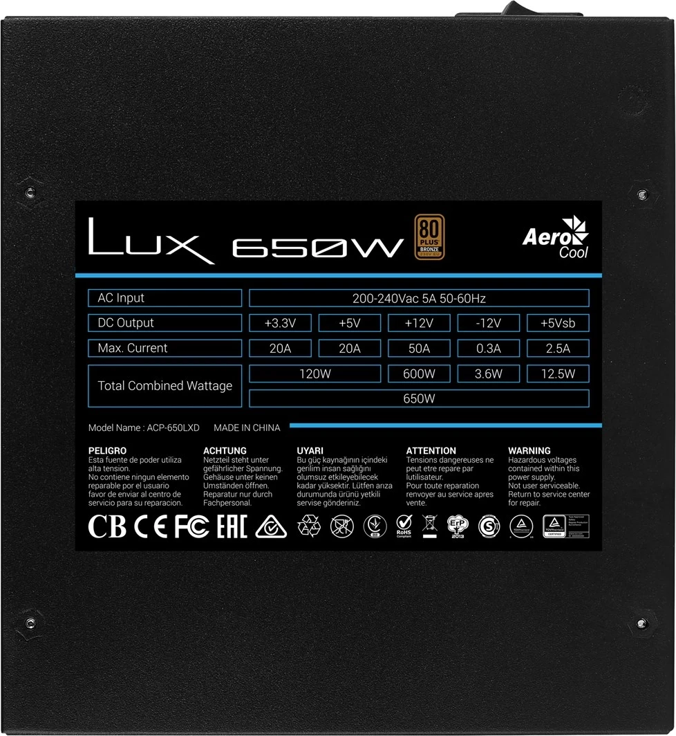 Furnizues i Energjisë Aerocool LUX 650W, 20+4 pin ATX, i Zi