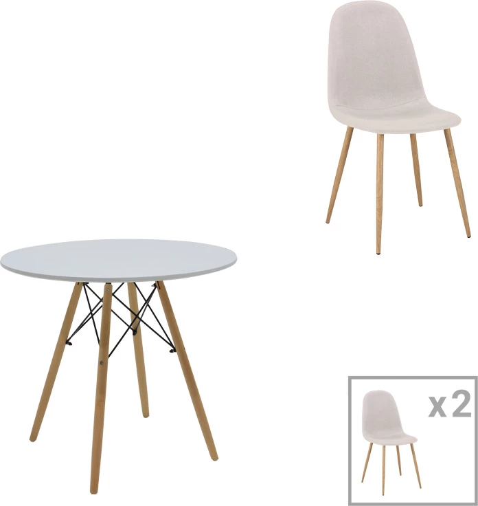 Set tavoline me karrige Bella-Julita, MDF i bardhë, këmbë natyrale, Φ80x73cm